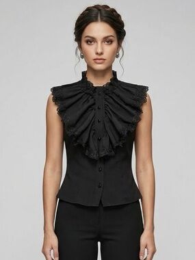 Sleeveless Black Ruffle Lace Bib Blouse
